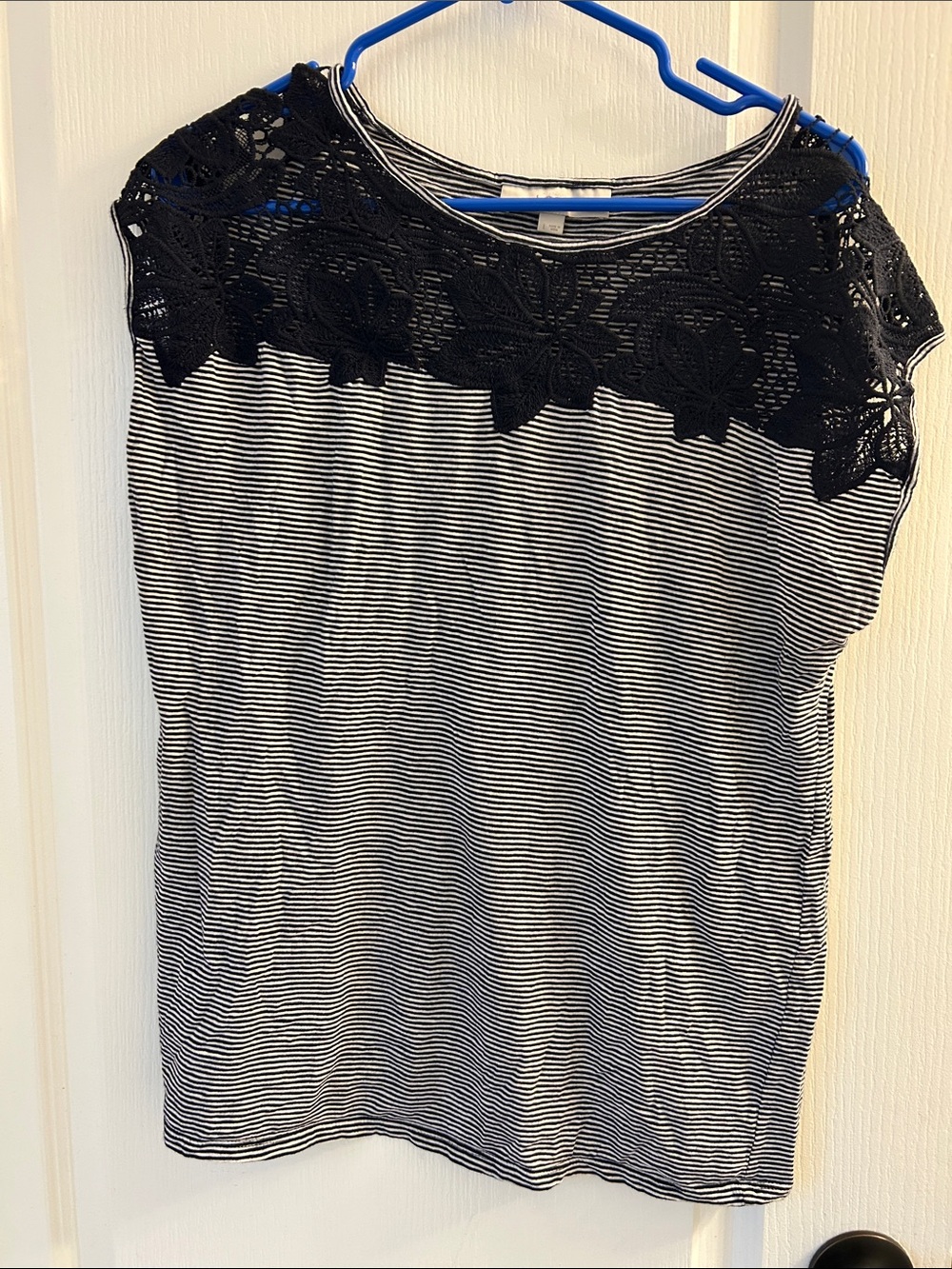 LOFT Black & White Striped Cap-Sleeve Top with Black Lace Yoke